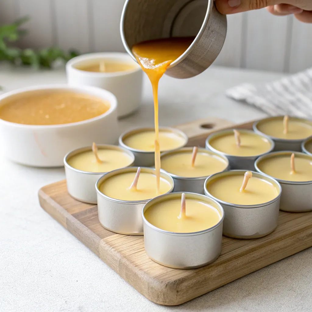 Bienenwachs in vorbereitete Teelichthüllen gießen