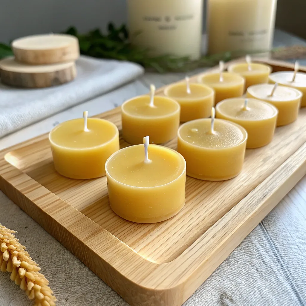 Fertige Bienenwachs-Teelichter mit glatter Oberfläche und gekürztem Docht