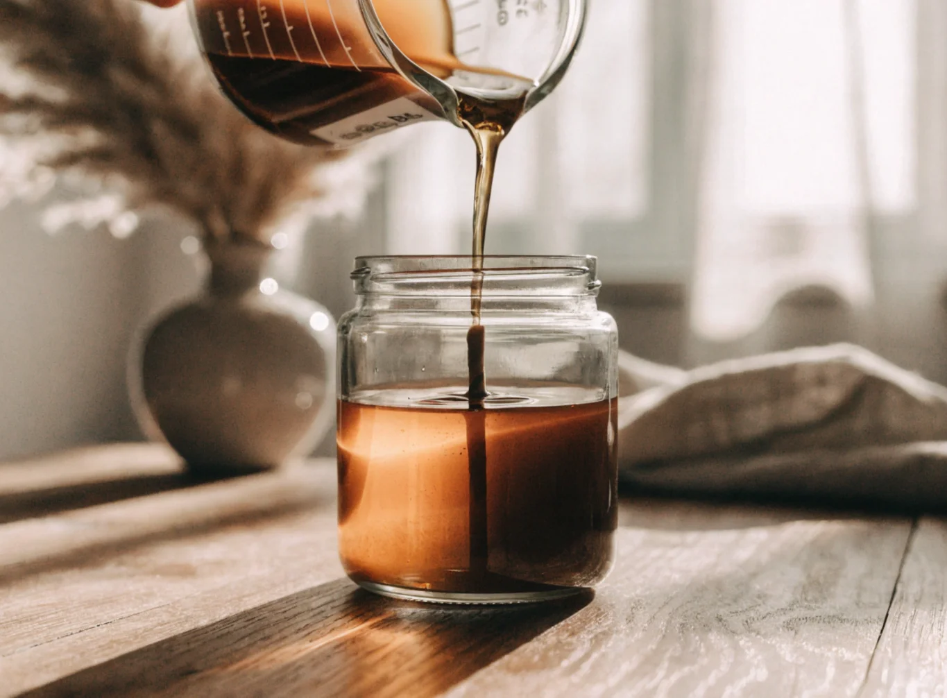 Docht mittig im Glas fixieren und oben zentrieren