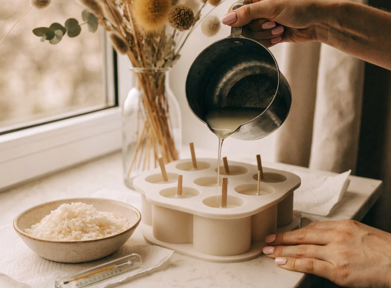 Kerze in Silikonform gießen ohne Luftblasen: dünner Strahl an der Innenwand