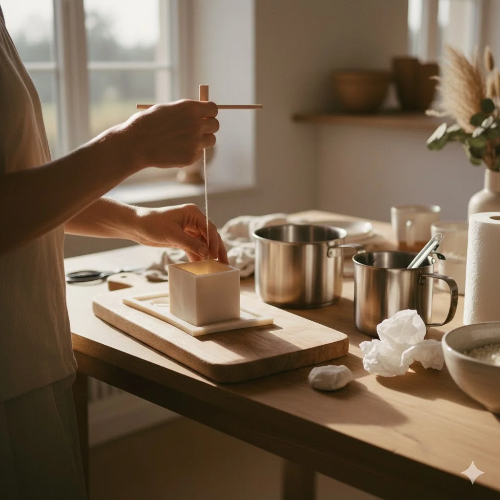 Arbeitsplatz fürs Kerzen gießen mit Silikonform einrichten: Unterlage, Wasserbad, Thermometer, Docht