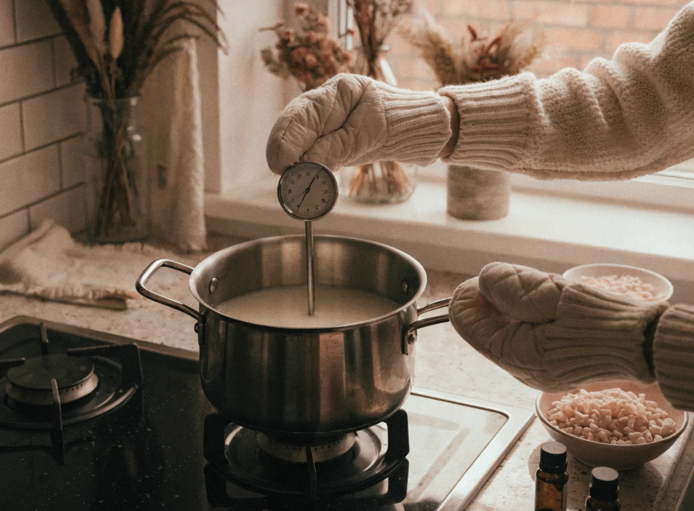 Kerzenwachs im Wasserbad schmelzen und Gießtemperatur für Silikonform prüfen