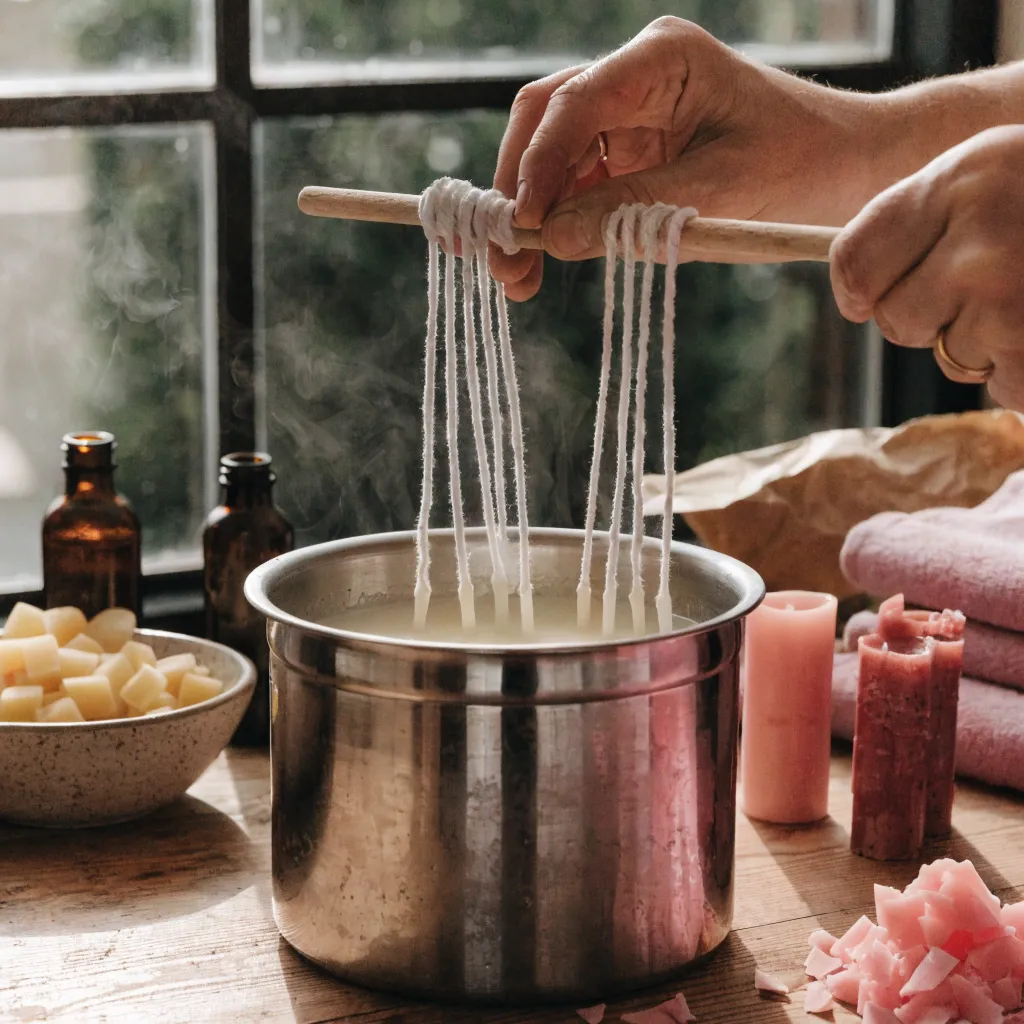 Kerzen ziehen: Docht gleichmäßig ins warme Wachs tauchen und wieder herausziehen