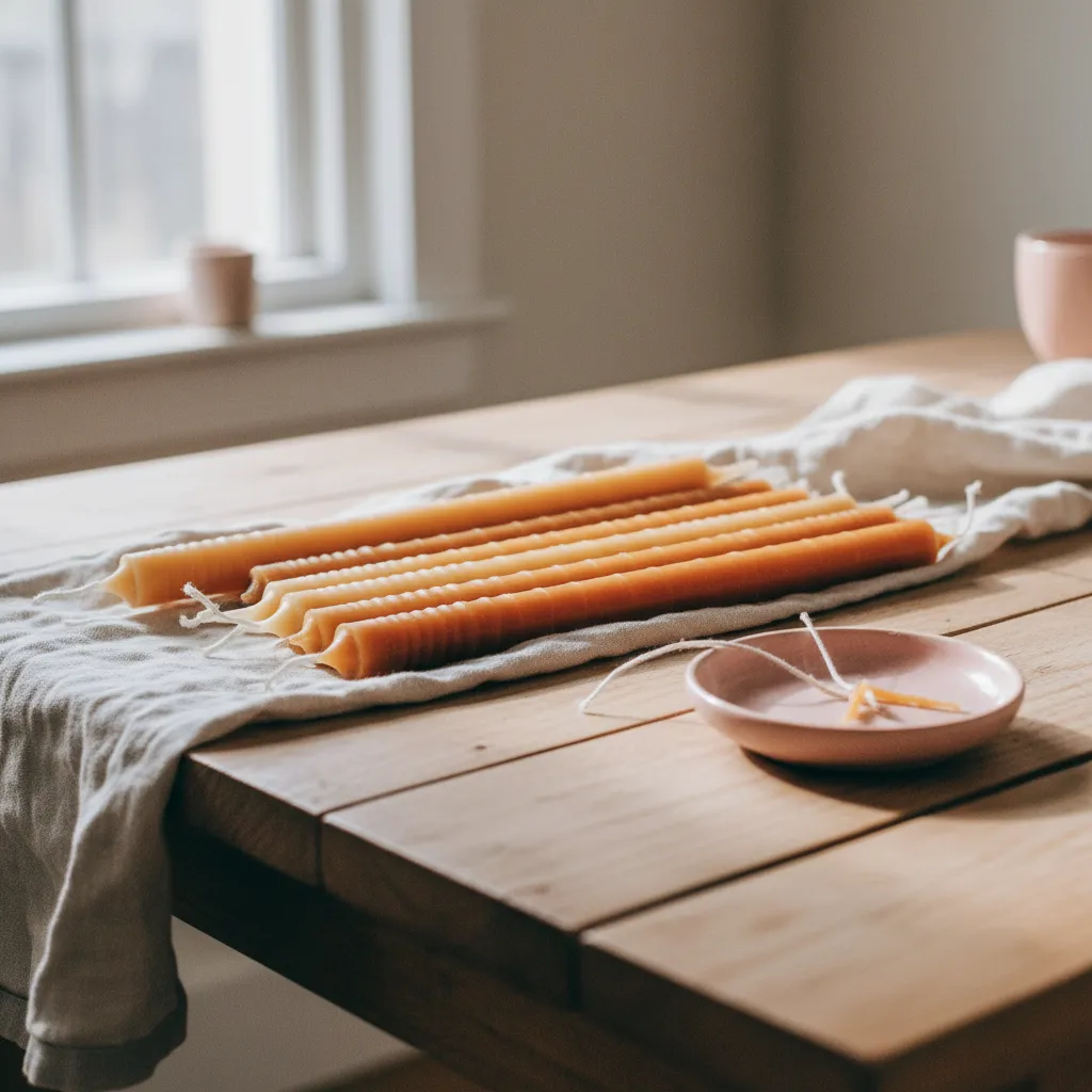 Fertig gezogene Bienenwachskerzen nach dem Kerzenziehen: glatt, gleichmäßig und bereit zum Kürzen