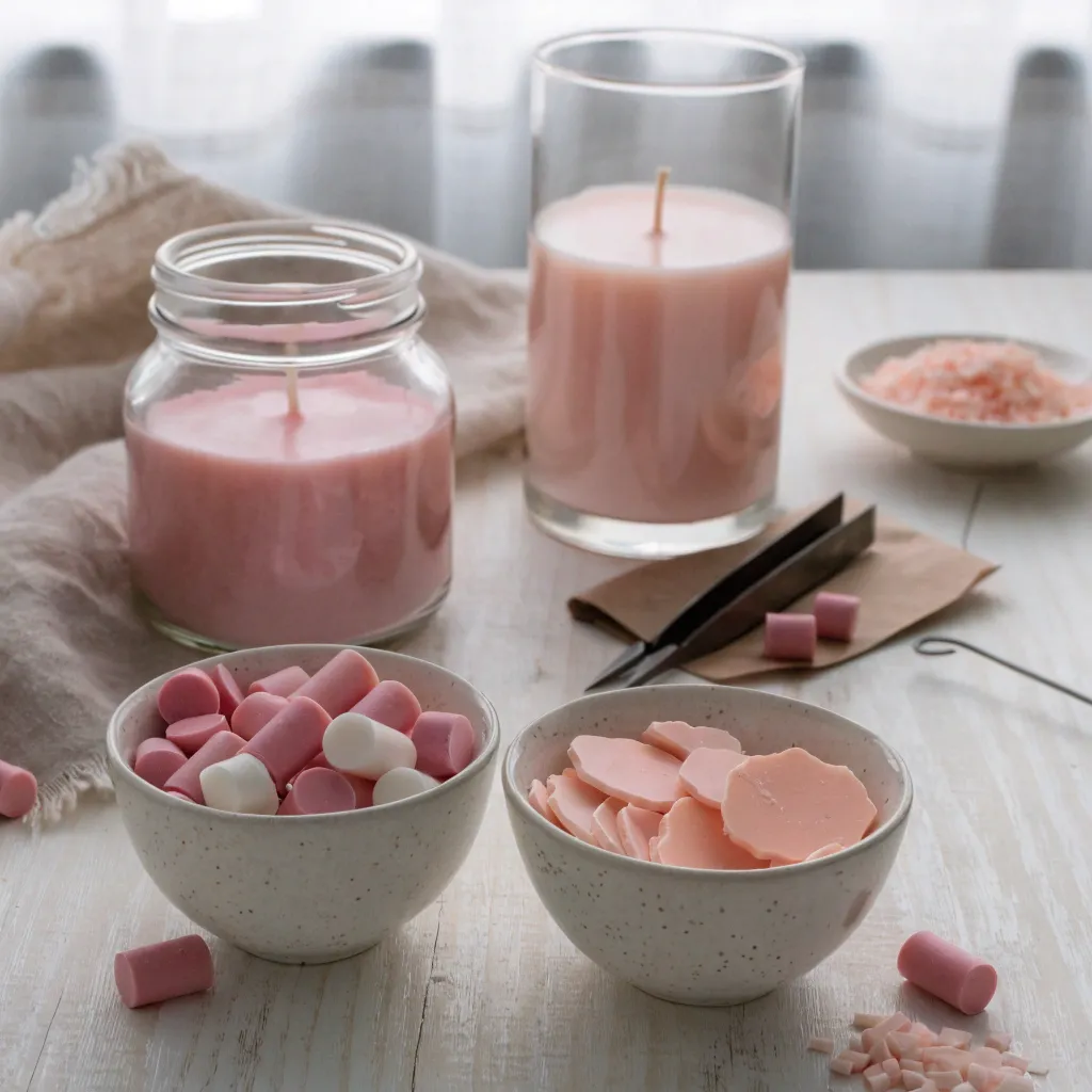 Kerzenwachs Vergleich: Paraffinwachs Pastillen und Stearinflocken auf einem DIY-Arbeitsplatz