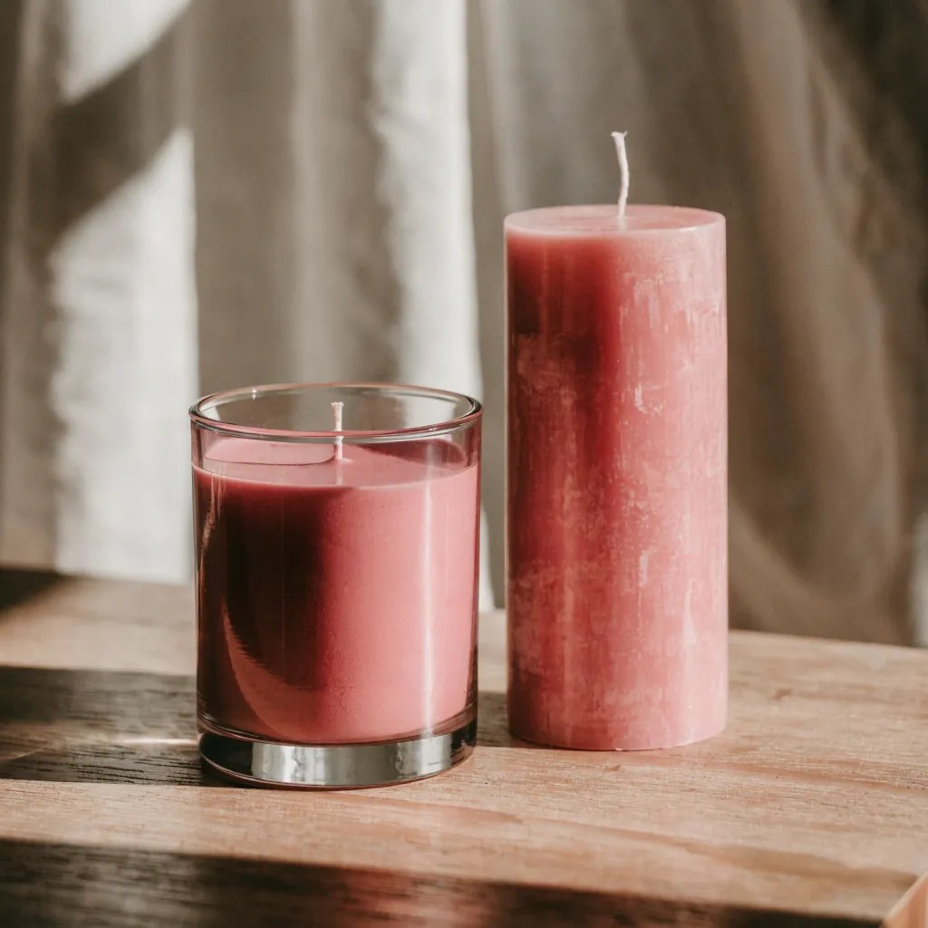 Paraffin Stearin Kerzen: fertige Kerze im Glas und Formkerze nebeneinander