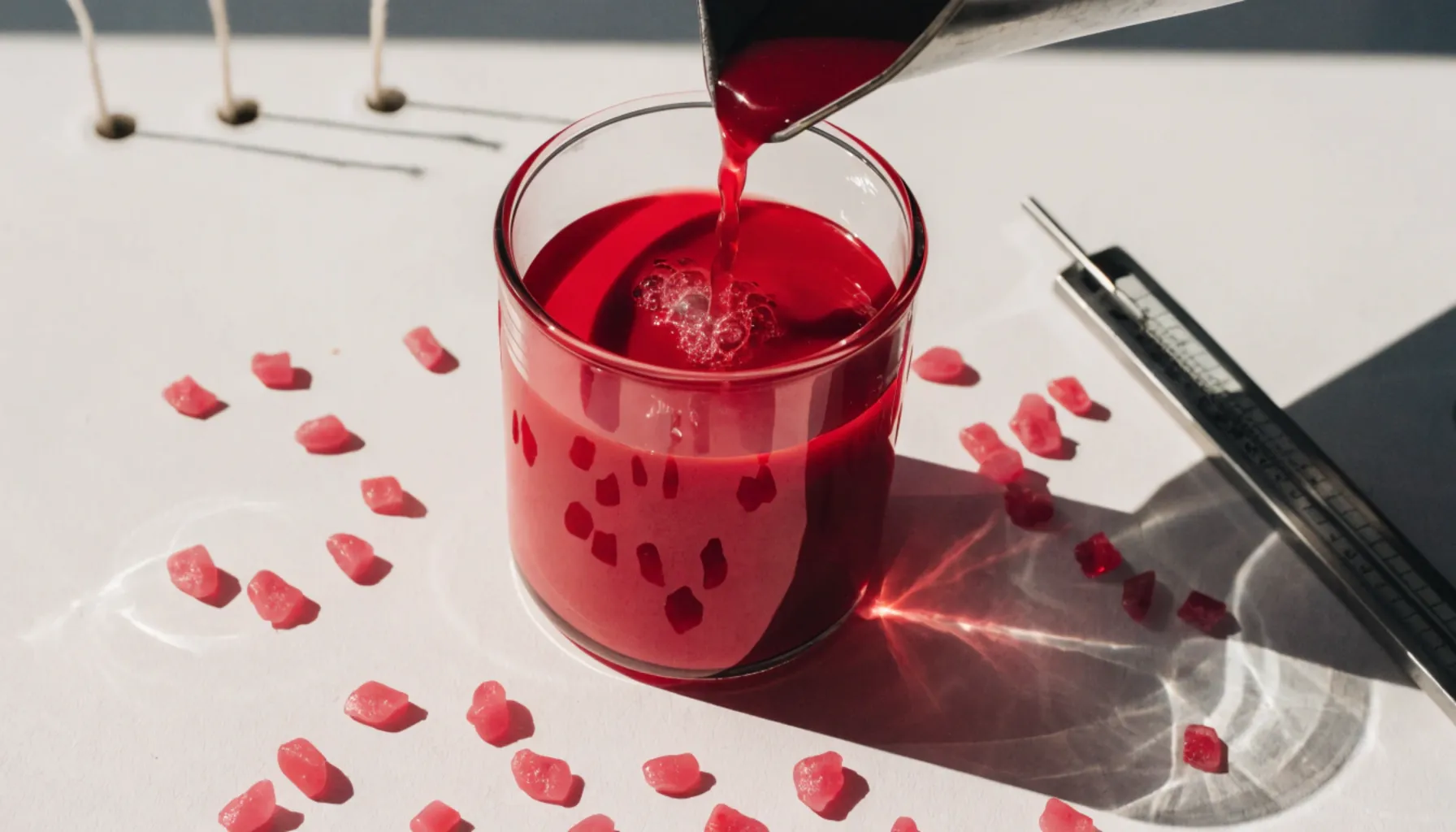 Rapswachs Kerzen gießen: Glas-Kerze, Rapswachslinsen und Thermometer auf einem sauberen Arbeitsplatz