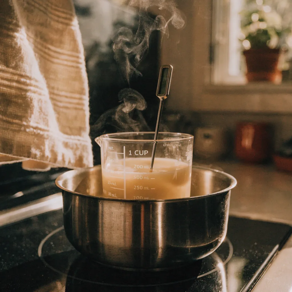 Sojawachs schmelzen im Wasserbad und Temperatur messen