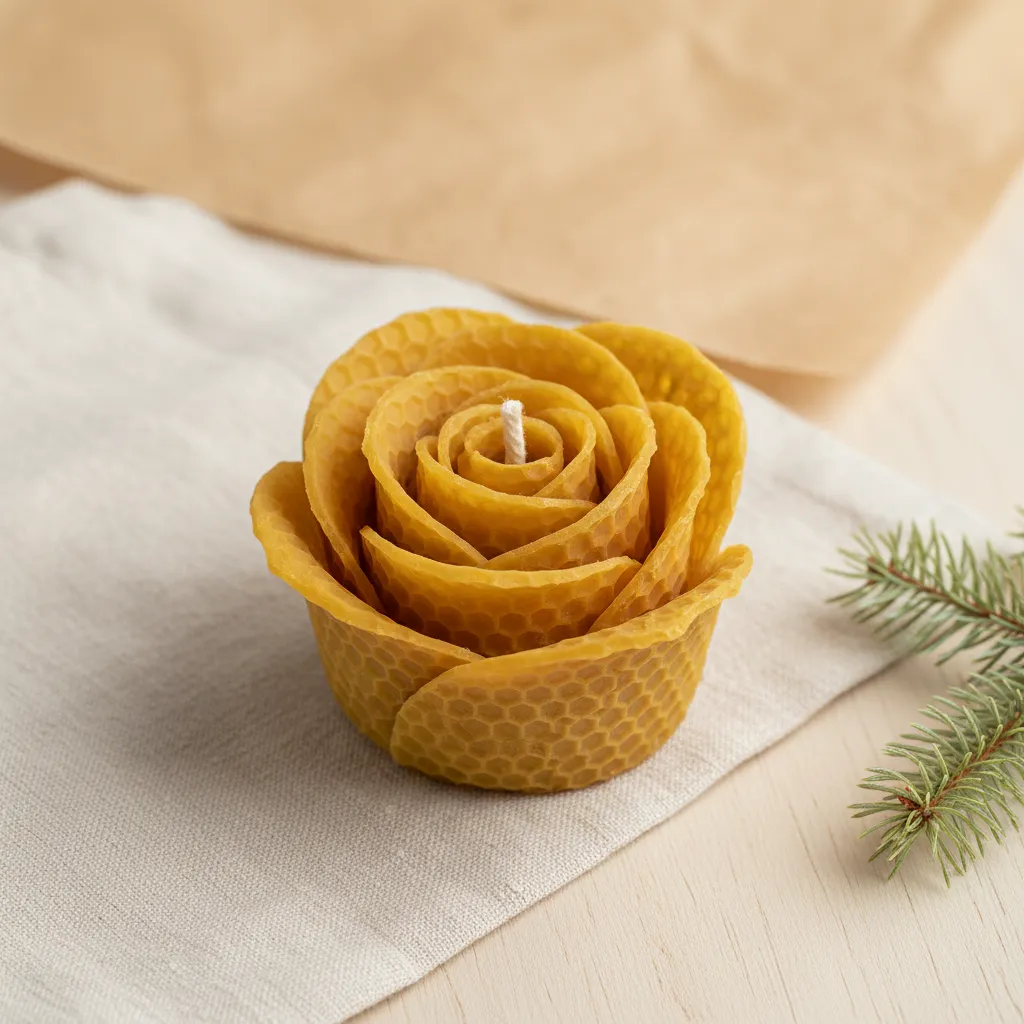 Rosenkerze aus Blütenblättern aus naturbelassenen Bienenwachs-Wabenplatten