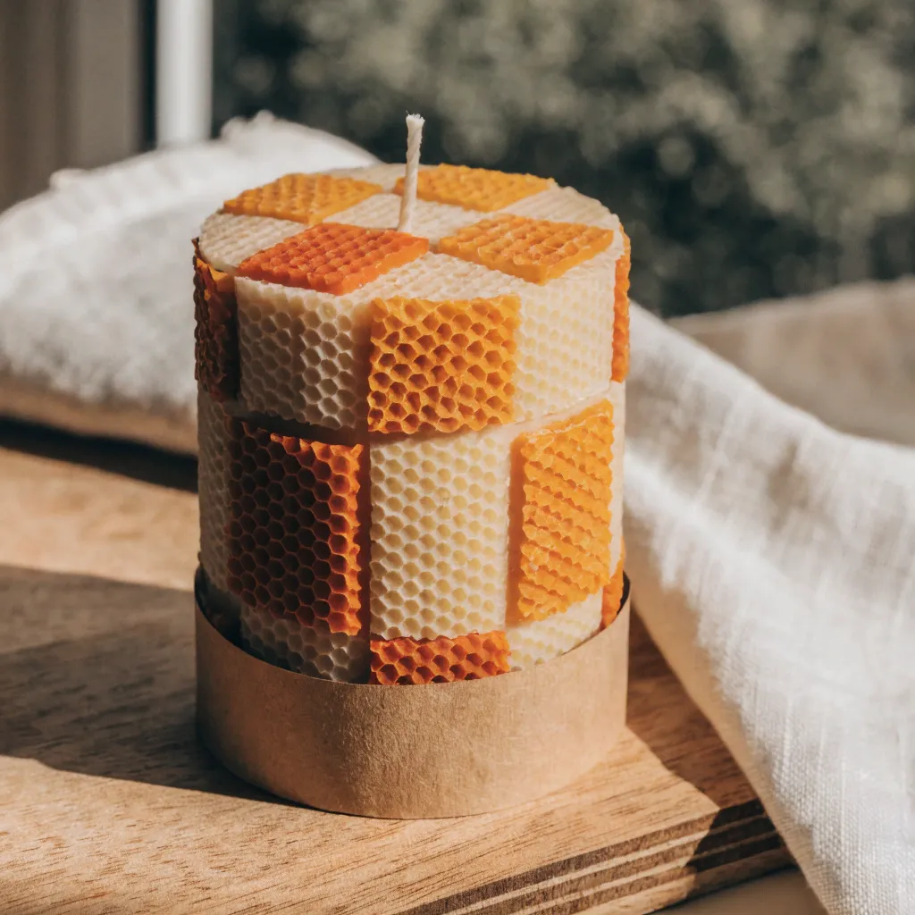 Patchwork-/Mosaik-Kerze aus Reststücken aus naturbelassenen Bienenwachs-Wabenplatten