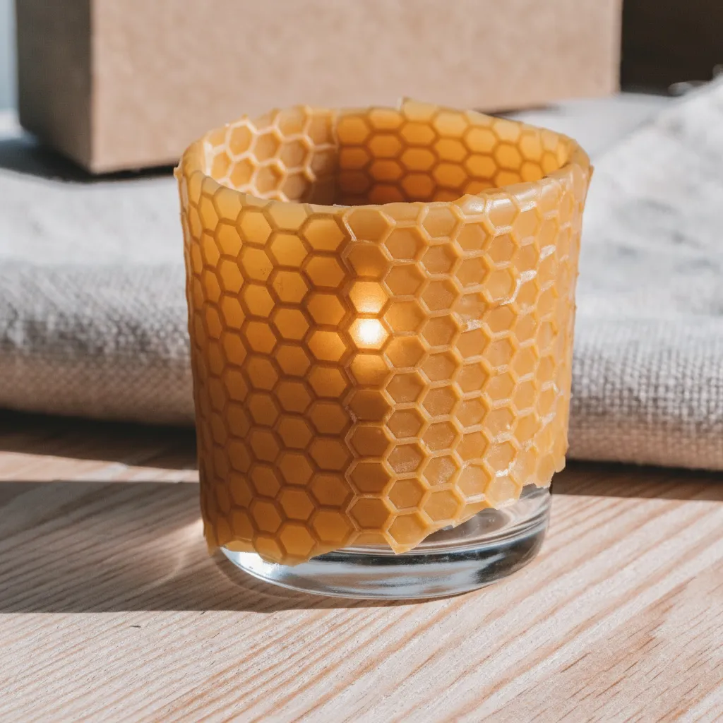 Bienenwachs-Luminary als Glas-Wrap (nur LED, kindersicher) aus naturbelassenen Bienenwachs-Wabenplatten