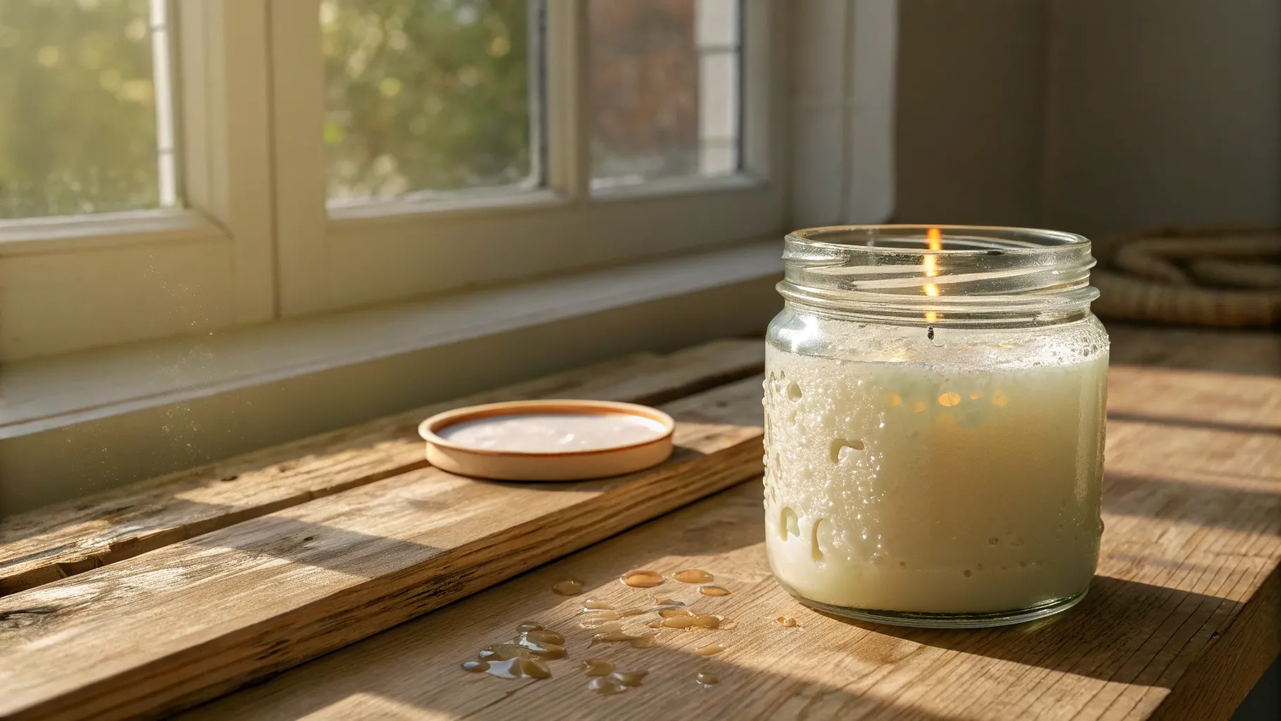 Kerze im Glas mit hellen Stellen am Glas: Wachs haftet ungleichm&auml;&szlig;ig am Glas
