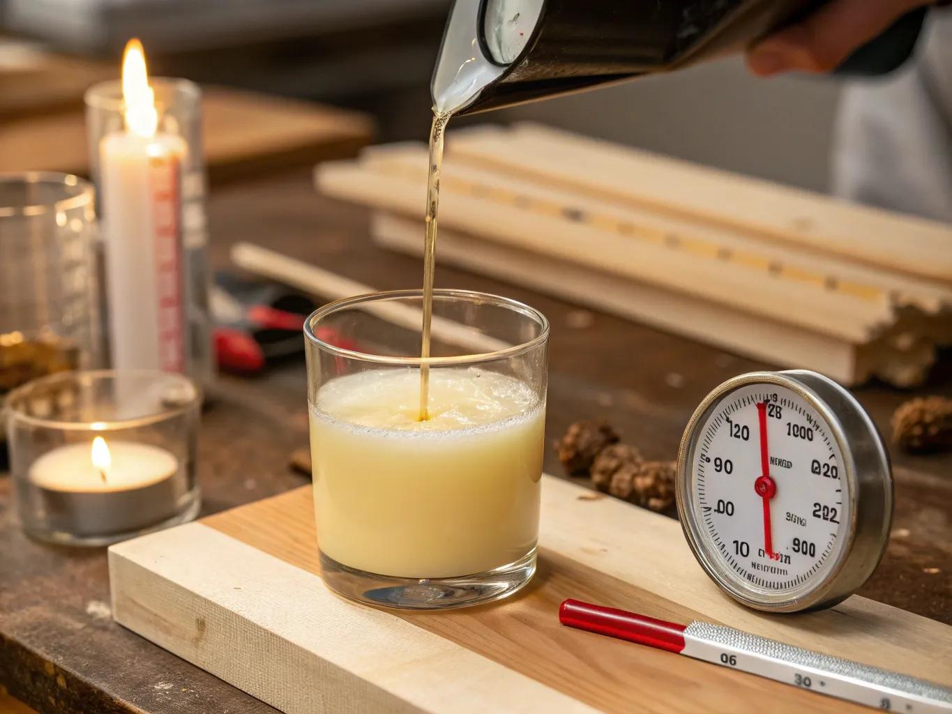 Wachs in Kerzenglas gie&szlig;en mit Temperaturkontrolle
