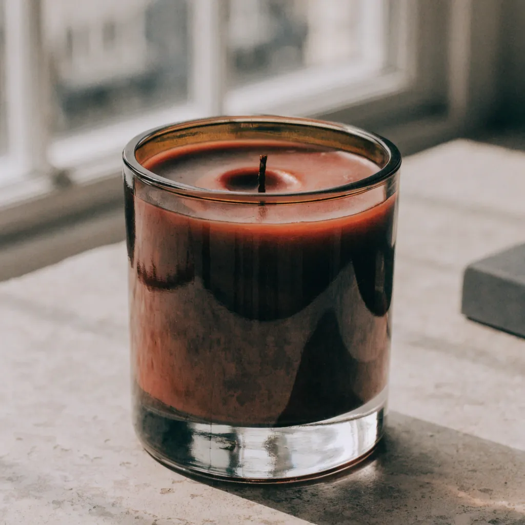 Sinkloch in einer gegossenen Kerze im Glas: Krater um den Docht nach dem Abkühlen