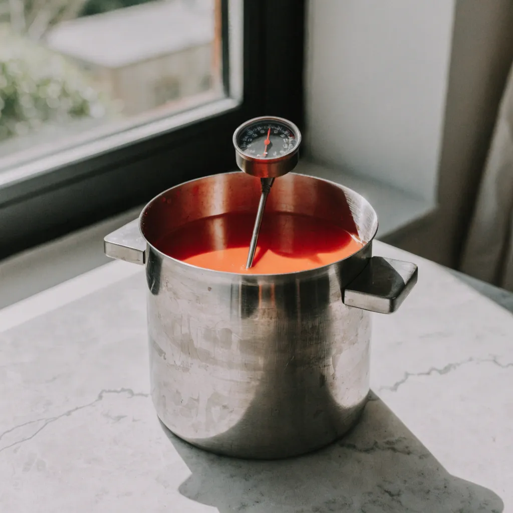 Thermometer im Wachstopf zur Kontrolle der Gießtemperatur