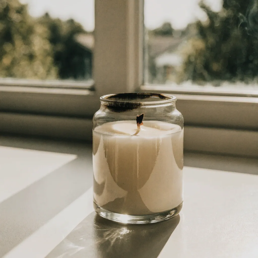 Glaskerze mit Rußspuren am oberen Rand